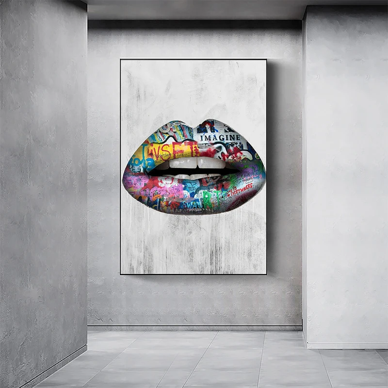 

Graffiti Lips Canvas Painting with Frame Rose Money Mouth Posters and Prints Abstract Wall Art Picture Living Room Home Decor