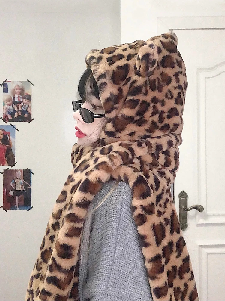 国内で当店のみ CFIERCE - CUTIE LEOPARD HOODED SCARF CFIERCE Spot Knot Scarf Hat Street Sle ex Polyester Winter