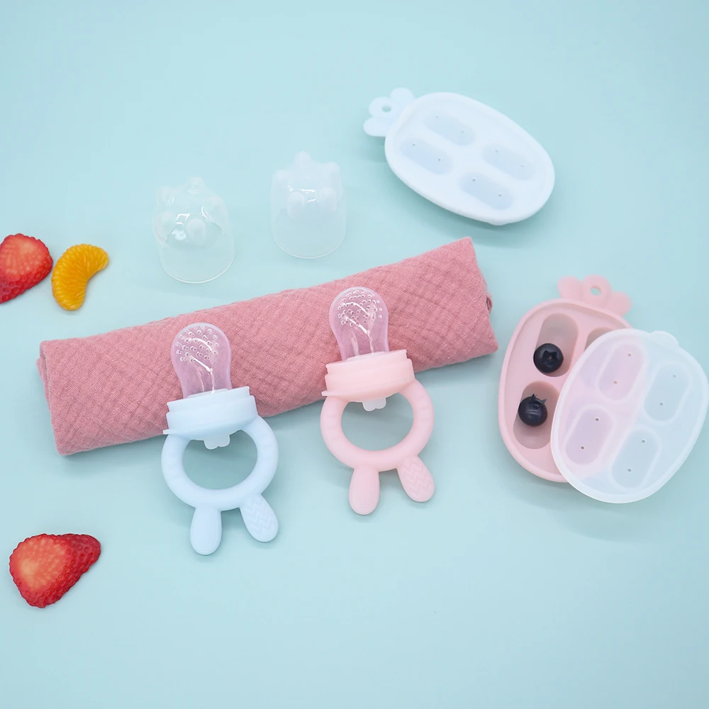Baby Fruit Food Feeder & Mini Freezer Nibble Tray Combo, Breastmilk Popsicle Molds for Cooling Relief, BPA Free Silicone Feeder