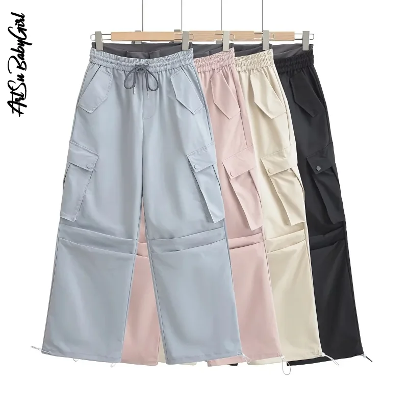 

Women's Cargo Pants Pocket High Waist Trousers Vintage Y2k Streetwear Summer Solid Color Loose Wide Leg Pants Women's Clothing
