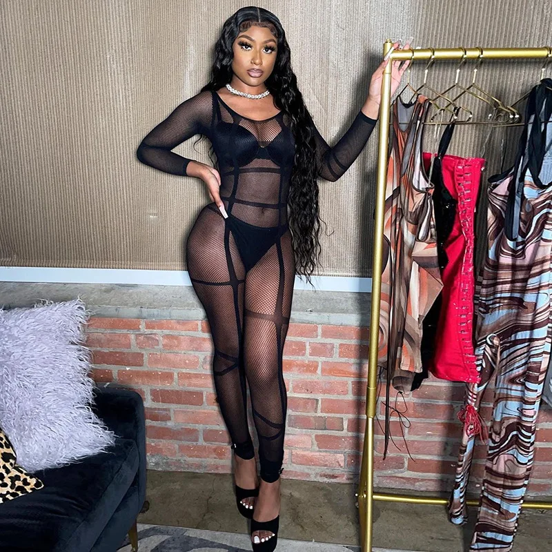 Wind 2023 Women's Spring Clothing New Sexy Mesh See-through Knitted Lace Hollow High Waist Tight Jumpsuit men outfit set mesh backless tight tops and shorts two piece set sexy nightclub perspective short sets ropa para hombre