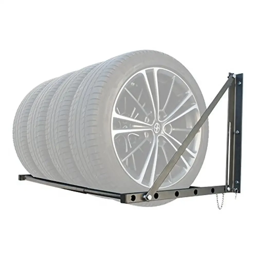 Adjustable Folding Wall Mount Tire Storage Rack Accomodates 4 Tires Heavy Duty Steel Construction Folds Against Wall Adjustable 6