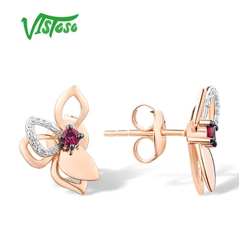 VISTOSO Genuine 14K 585 Rose Gold Stud Earrings For Women Natural Ruby Diamond Flower Delicate Anniversary Gifts Fine Jewelry 2