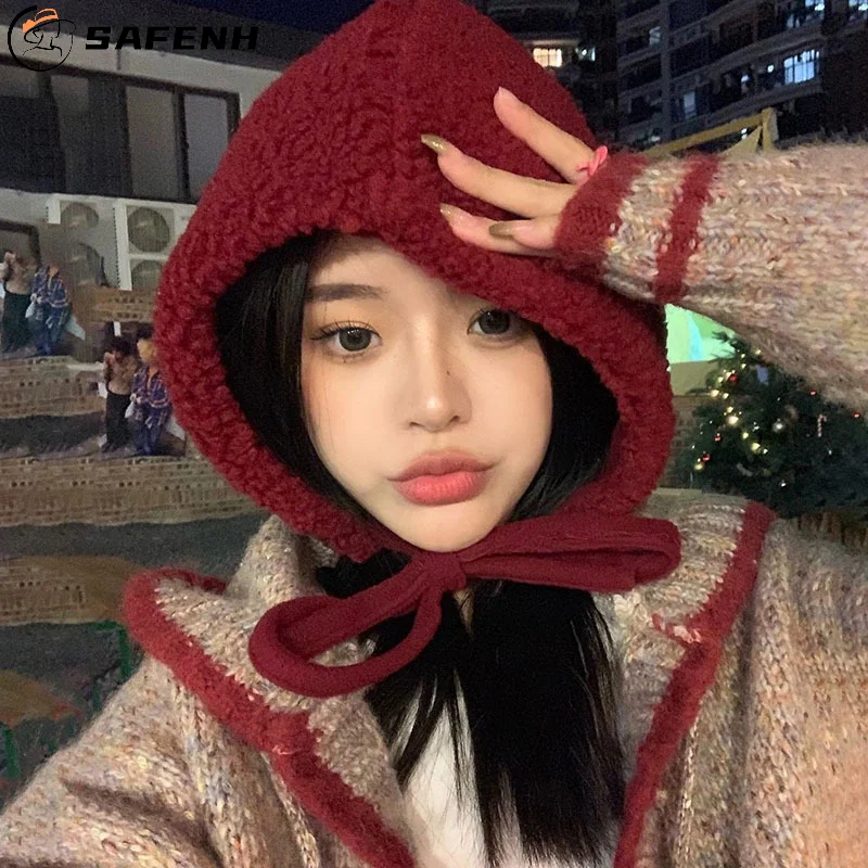 New Trend Ear Protection Hat Cute Beanie Women Winter Warm Plush Lacing Strap Hats Casual All-match Caps