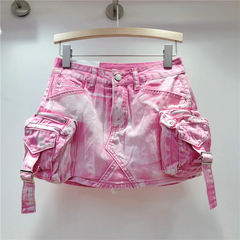 Women's Retro 3D Pocket Cargo Denim Skirts Sexy A-line Skirt Hip-Wrapped Short Skirt Streetwear Spring, Summer New 2024