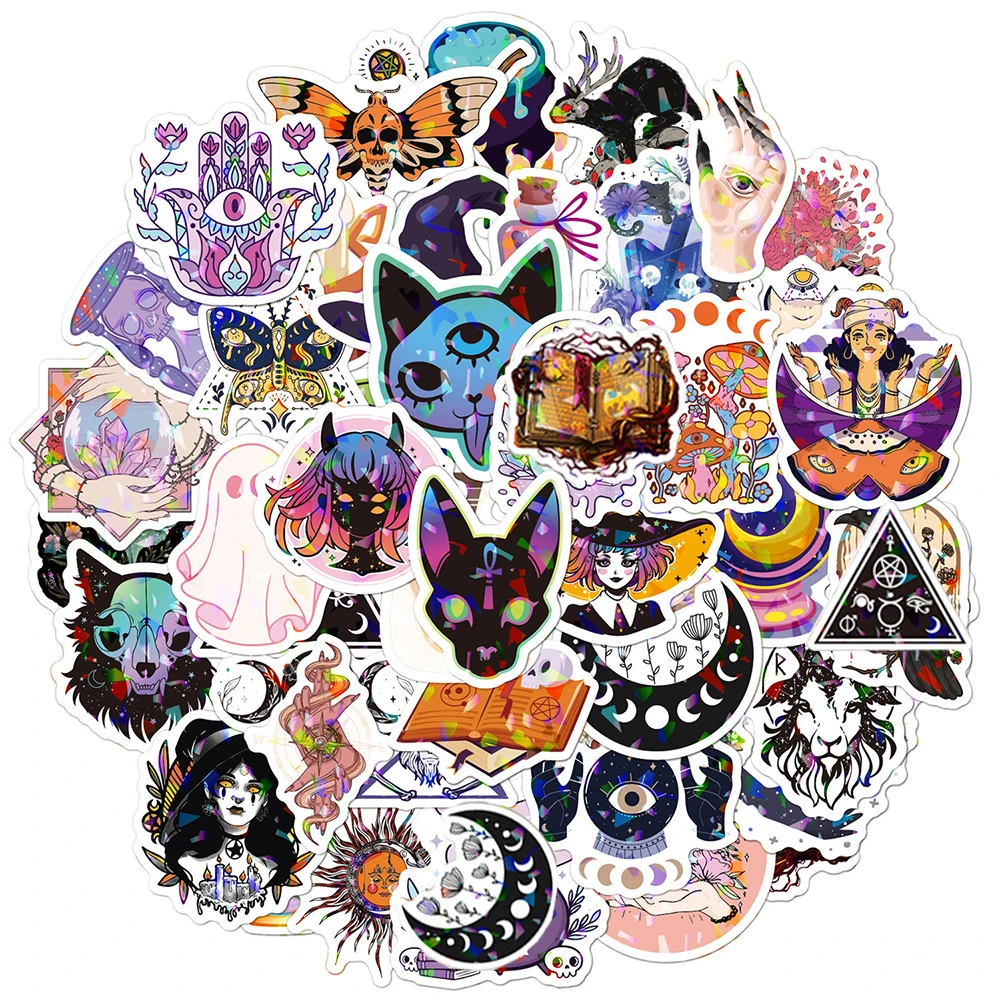 10/30/50pcs Gothic Laser Cartoon Magic Witch Aesthetic Stickers Decals Laptop Scrapbook Phone Diary Decoration Sticker Kids Toys washi tape diy paper tape gothic style wrapping tape roll scrapbook diary gift projects