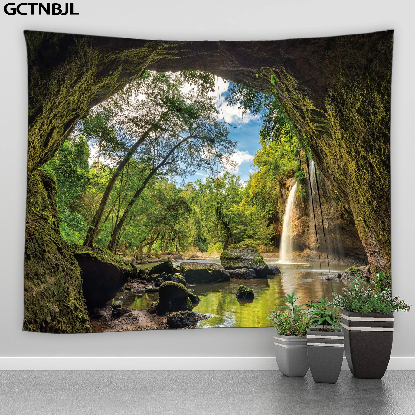 

Forest Waterfall Landscape Tapestry Beautiful Natural Scenery Wall Hanging Hippie Bedroom Curtain Background Blanket Beach Mats
