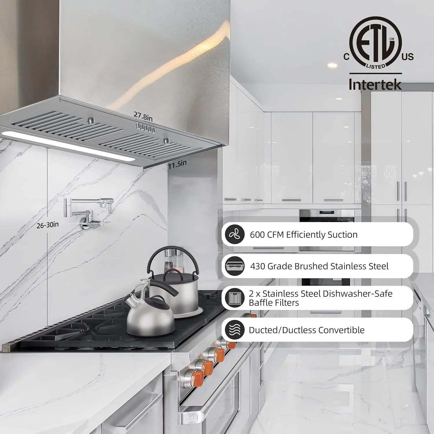 Range Hood Insert 30 inch 600 CFM, Ducted/Ductless Convertible Kitchen Stove Hood with LED Light, 2