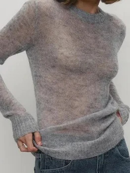 Solid Sheer Knitted Thin T-shirt Women Spring Crew Neck Long Sleeve Slim Tee Shirts 2025 New Cozy Simple Fashion Casual Pullover 1
