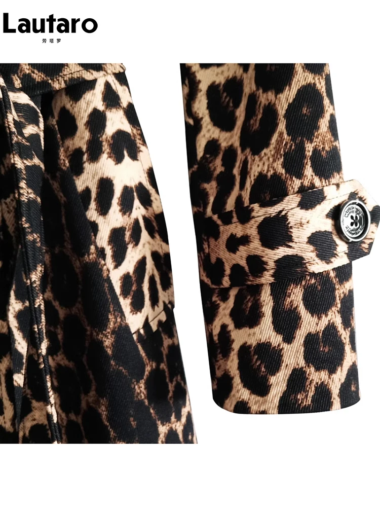 Lautaro Spring Autumn Long Stylish Leopard Print Trench Coat