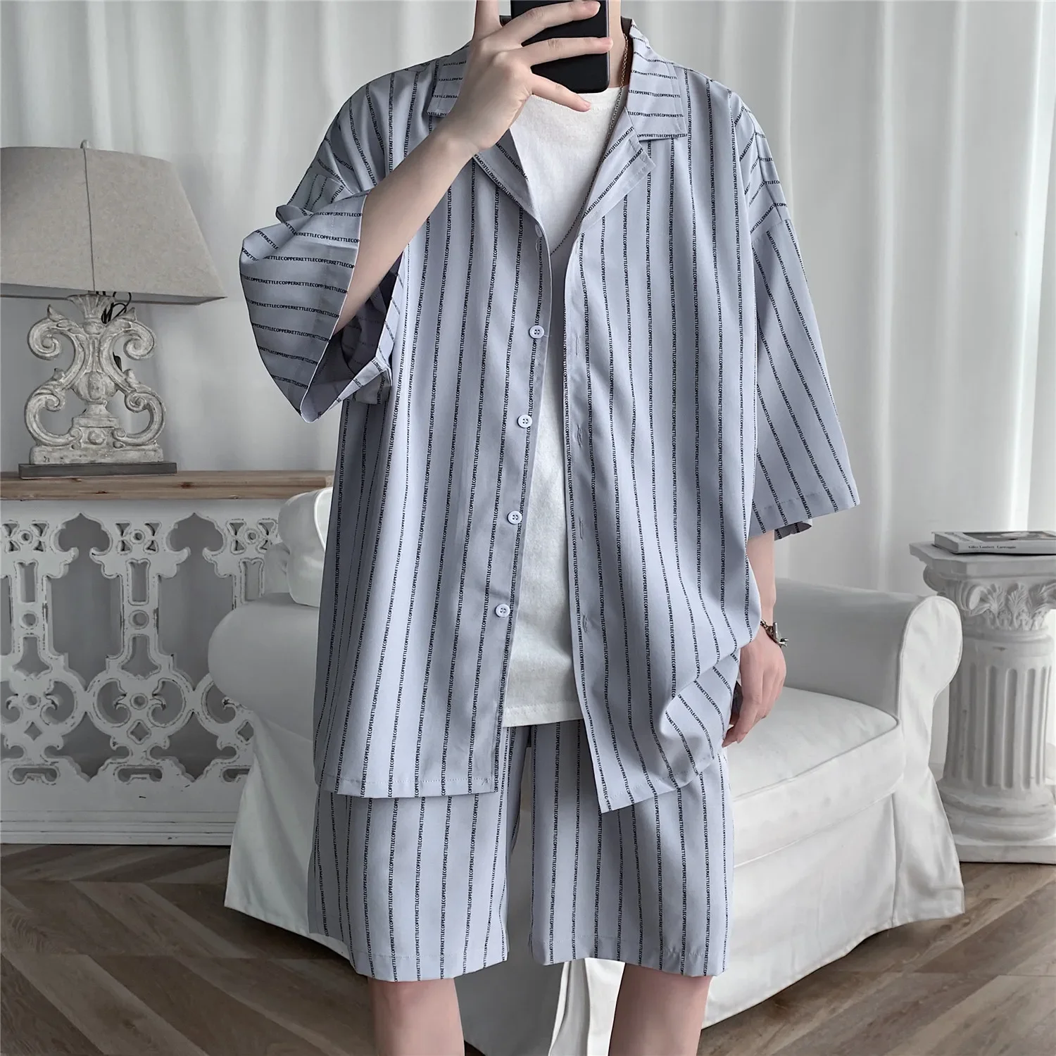 Summer Men Shorts Set Matching Shirts Letter Striped Floral Printing Outfits Short Sleeve Elastic Waist Thin Oversize Suit Man 3