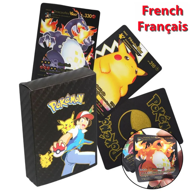 Acheter Cartes Pokemon en métal français/anglais/espagnol, 55 pièces/boîte,  or, argent, noir, entraîneur de combat, carte énergétique, jouets pour  adultes et enfants, cadeau