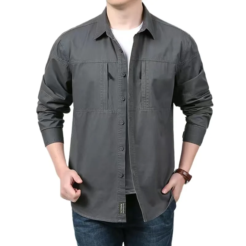Men's Tactical Hiking Long Sleeve Shirt Big Pocket Cargo Button Up Shirt mens t shirts