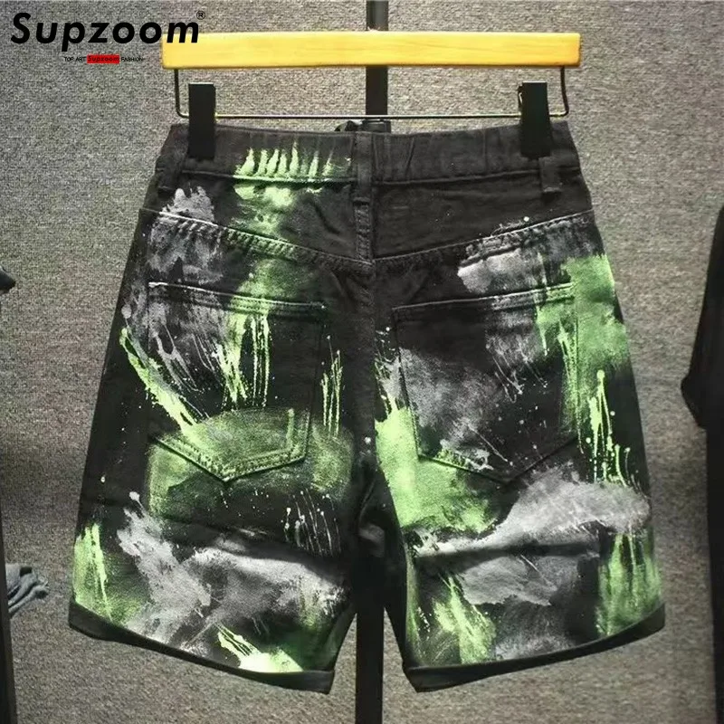 Casual Summer Splash Ink Denim Hand-painted Graffiti Loose Straight Shorts Men