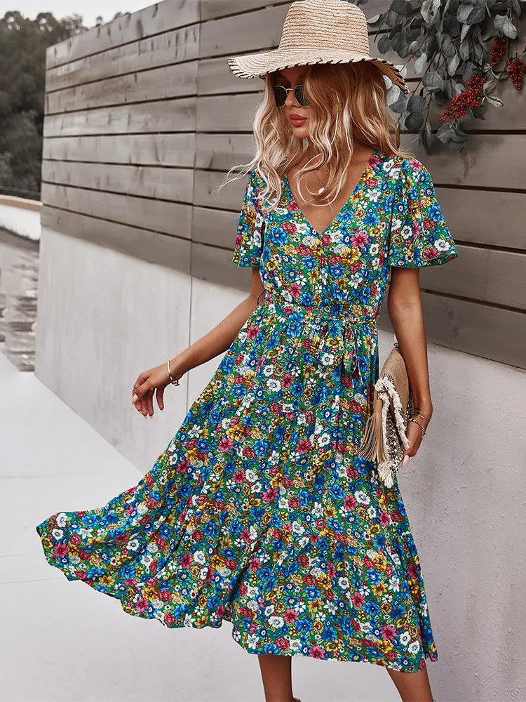 

Msfilia Spring Short Sleeve Floral Dress Women High Waist Sexy V Neck Print Summer Long Dress