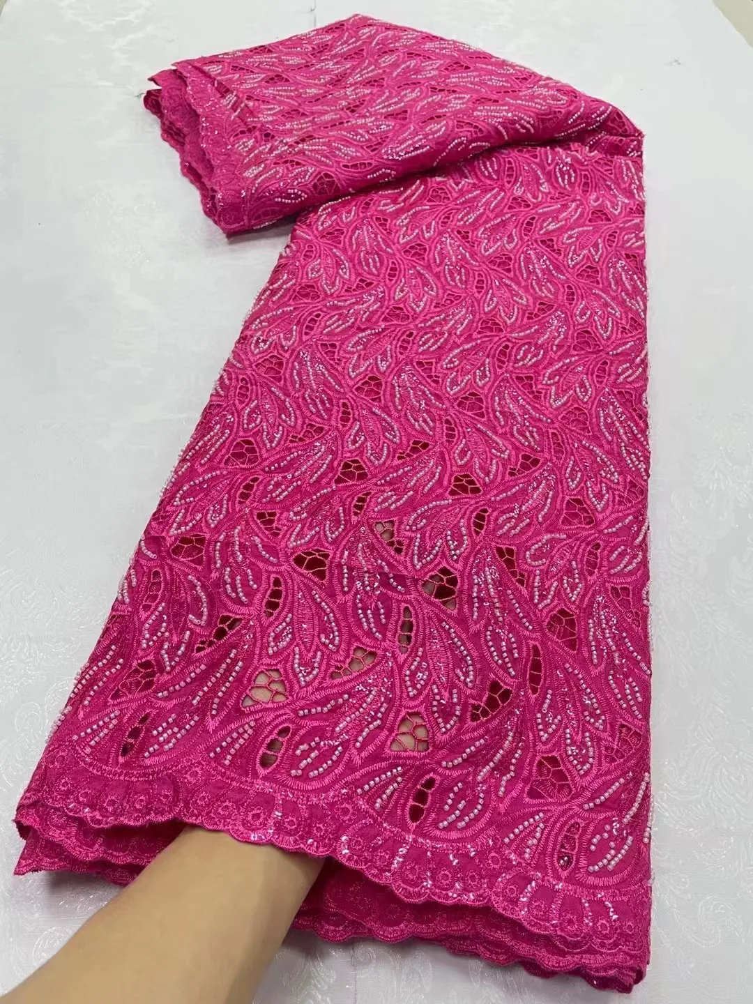 

Latest Nigerian African Milk Silk Cord Lace Fabric Embroidery High Quality Guipure Cord Lace Wedding Material For Bridal 5 Yards
