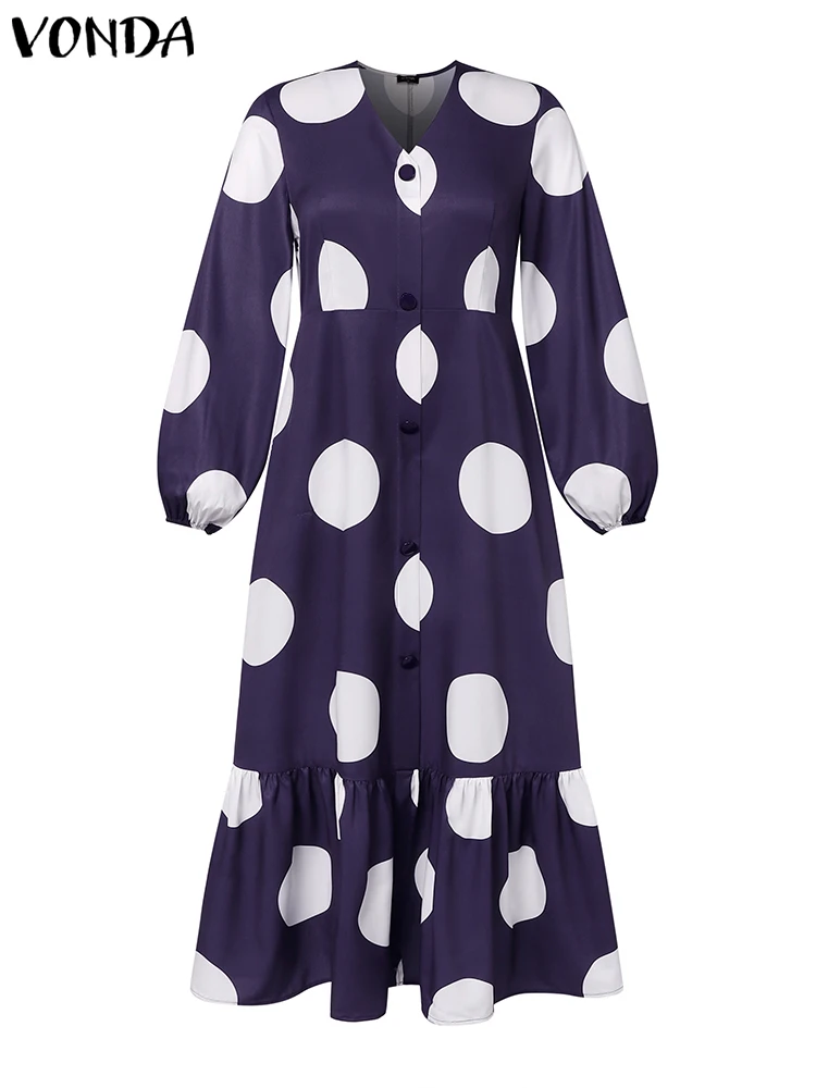 Plus Size VONDA Women Long Sleeve Maxi Dress Bohemian Dot Point Printed Sundress V-neck Casual Loose Buttons Ruffled Vestidos