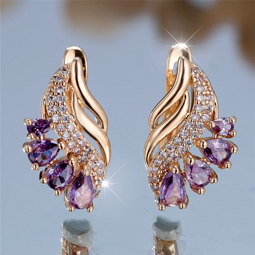 Charm Female Purple Zircon Stone Hoop Earrings Gold Color Simple Wedding Jewelry For Women