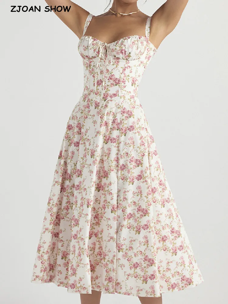 DAIIIBABYYY  -  Ethnic Style Pink Green Floral Pleated Sling Loose Flower Bud Women Summer New Dopamine Patchwork Square Neck Slip Dress main image 0