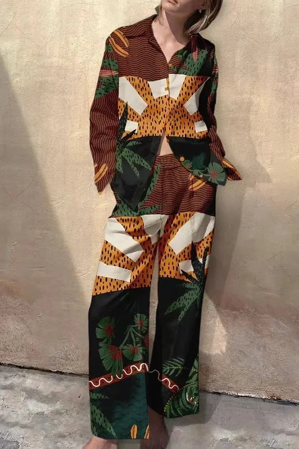 Elegant Printed Vocation Beach Set Fashion Lapel Button Shirt & Long Pants Outfits Women Causal Long Sleeve Loose Two Piece Suit