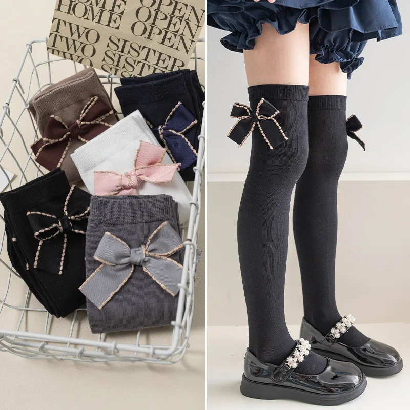 Lolita Kids Girls Stocking Sock Princess Bow Knee High Long Sock for Children Girl Korean Soft Cotton Spring Autumn School Socks