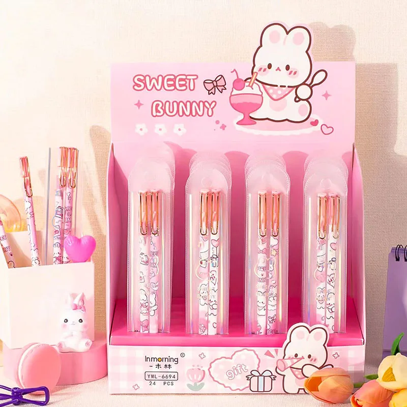 

24 set/lot Kawaii Rabbit Gel Pen Set Cute 0.5 mm Black Ink Signature Pens Promotional Gift Stationery School Supplies
