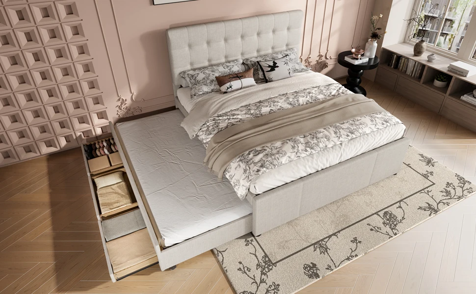 Polsterbett, 140x200cm, Doppelbett, Familienbett, Kingsize-Bett mit drei Schubladen, ausziehbares Bett, verstellbares Kopfteil – Detail 15