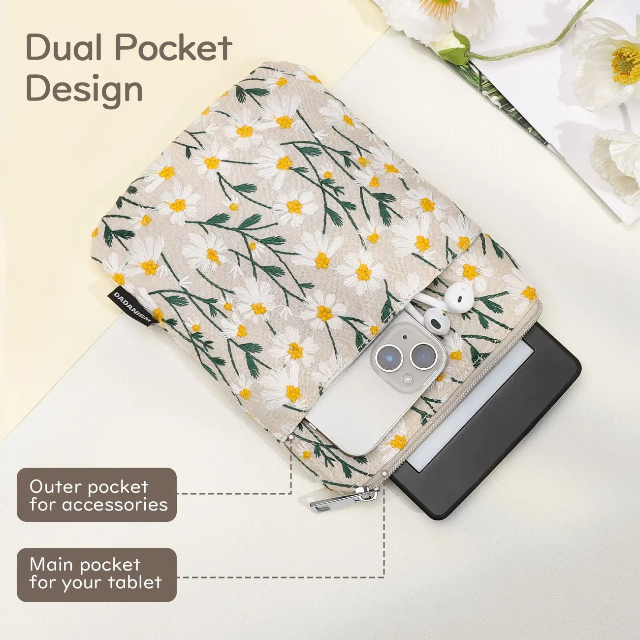 Embroidered Daisy Padded E-Reader Protective Sleeve