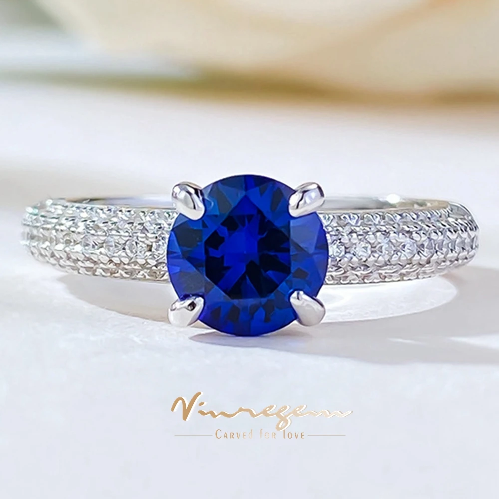 

Vinregem 6.5MM Round Cut 1CT Lab Created Sapphire Gemstone Ring For Women 100% 925 Sterling Silver Wedding Party Fine Jewelry