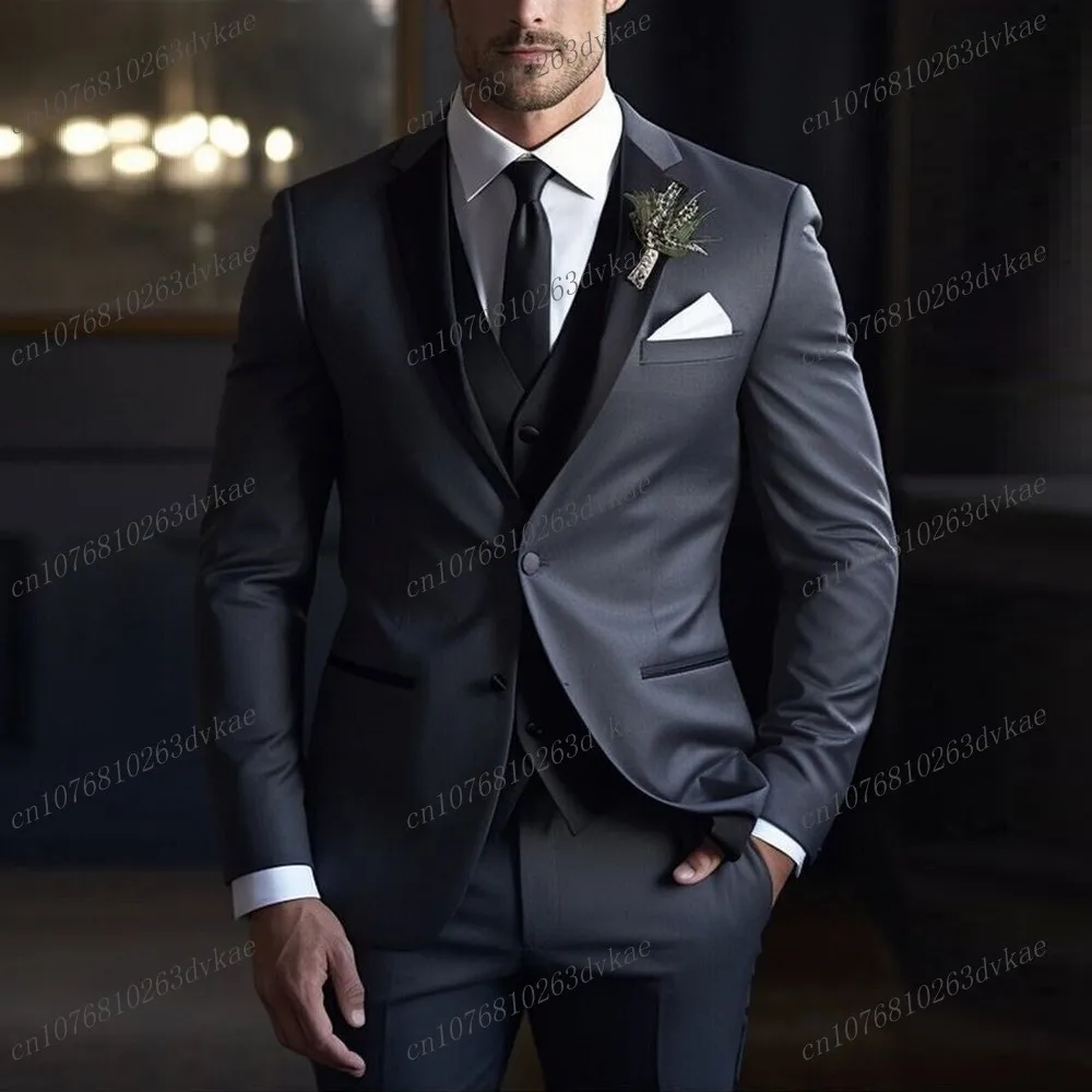 Black Lapel Purple Formal Business Men Suit Groom Groomsman Wedding Party Prom Male Tuxedos 3 Piece Set Blazer Vest Pants