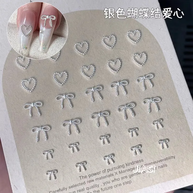30개 합금 리본 모양 네일 참 장식 3D 고급 금속 실버 리본 쥬얼리 네일 아트 부품 DIY 매니큐어 디자인 용품