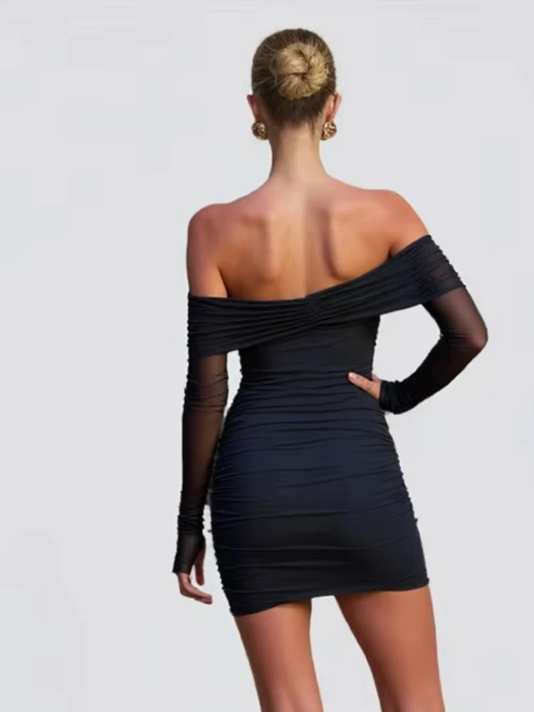 Nibber Metal Trim Dress Women Slash Neck Backless Peach Hip Ruched Ribbon Mesh Long Sleeve Sexy Stretch Skinny Party Bodycon