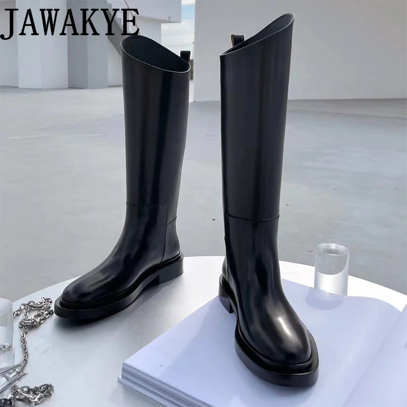 

Genuine Leather Knee High Boots Concise Women Round Toe Chunky Heel Long Black Boots Runway Knee High boots Women Famous Brand