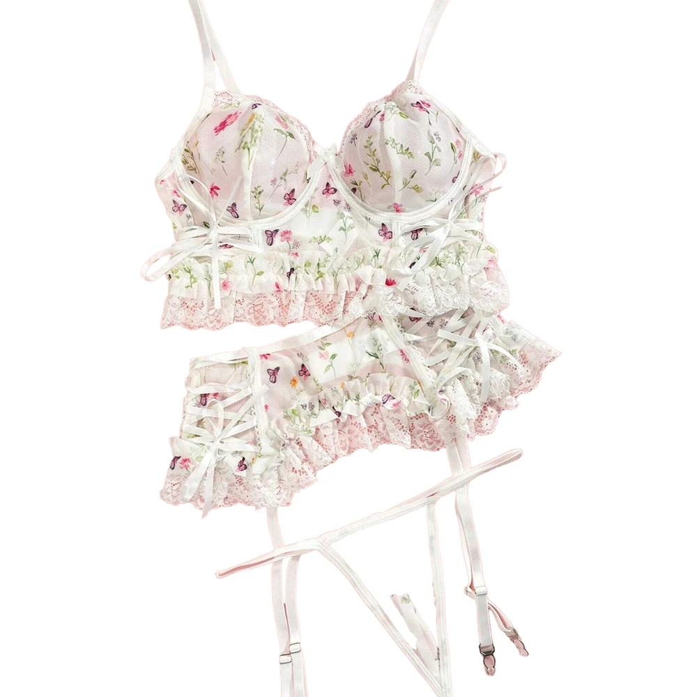 "Women's Sexy Floral Print Sheer Mesh Lingerie Set: Pure and Alluring Sweet Sexy Bra and Panty Set-Available for "