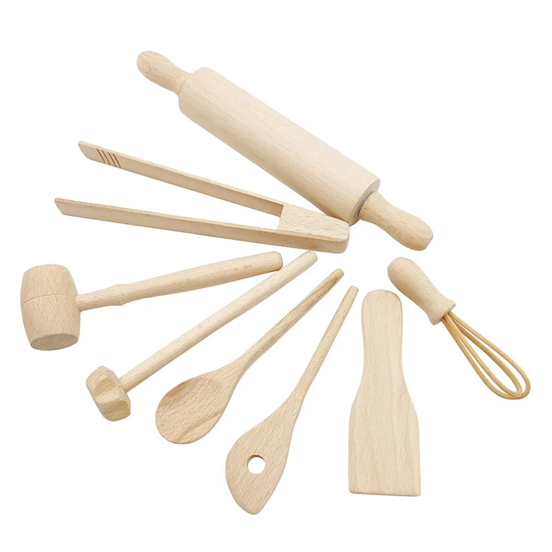 Children Kitchen Play Set Plasticine Accessory DIY Slime Play Dough Wooden Tools Roller Stamp Rolling Pin Spoon Pretend Utensils 6
