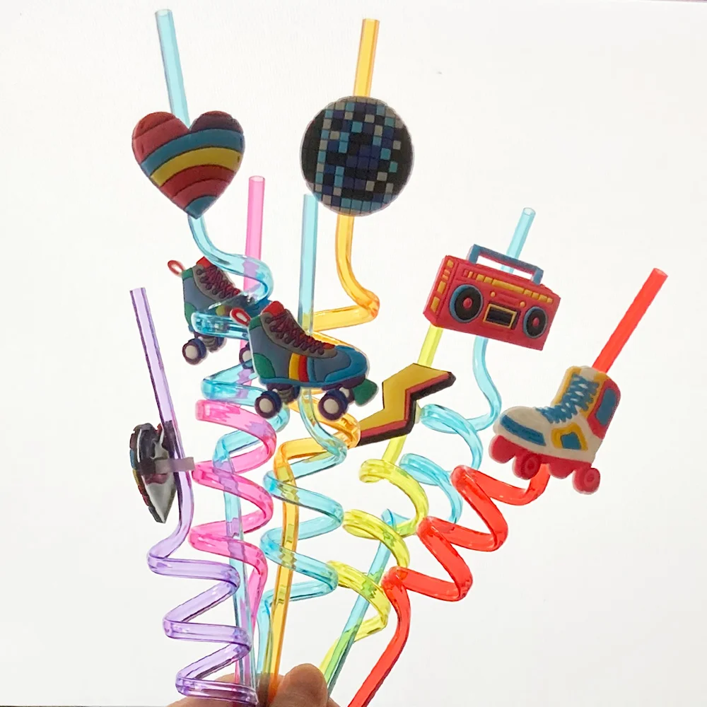 

8Pcs Roller Skating Party Supplies Roller Skating Straws 80s 90's Rock Disco Party Supplies 1990's Retro Plastic Drinking Straws