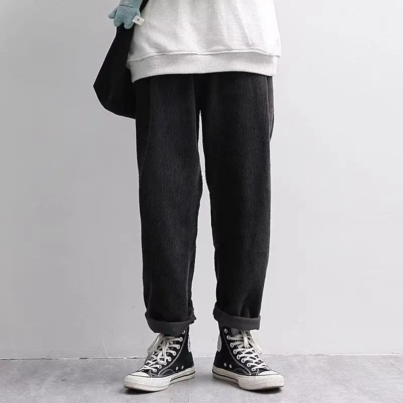 2023 Autumn KPOP Fashion Style Harajuku Slim Fit Trousers Loose All Match Corduroy Casual Pants Solid Pockets Straight Leg Pants