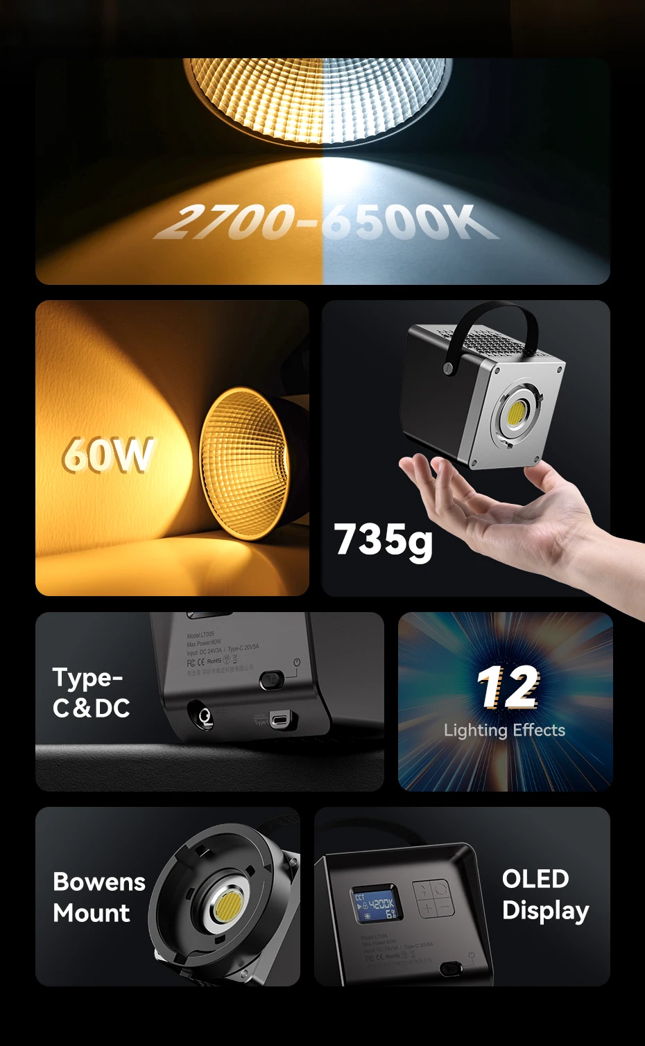 Description Picture 3 of itemUlanzi LT005 60W COB Video Light 2700-6500K Bi-Color Photographic LED Light for Photo Studio Film Camera Shooting Livstreaming