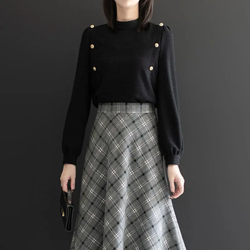 Women's Clothing Solid Color Plaid Shirt Casual Straight Long Sleeve 2023 Spring Autumn Commute Fashion Button All-match Blouse
