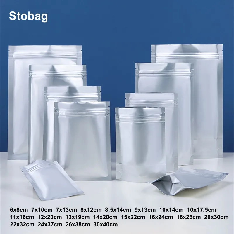 

StoBag 100pcs Aluminum Foil Food Packaging Ziplock Bags Flat Stand Up Sealed Storage for Candy Tea Nuts Reusable Pouches Logo
