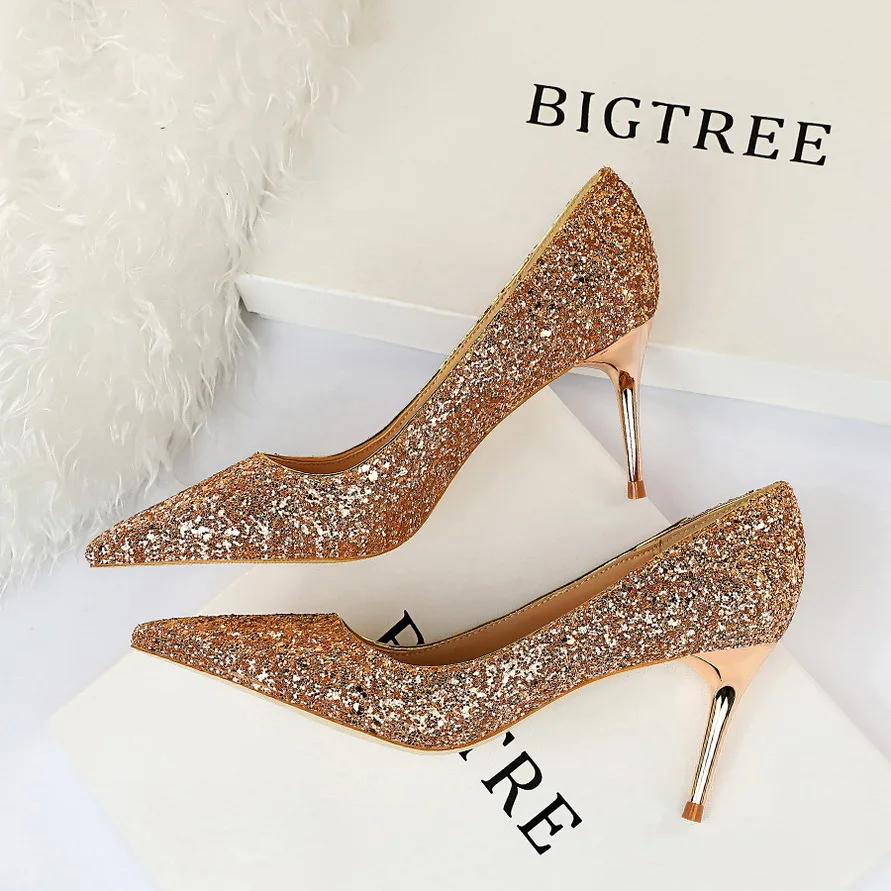 

Spring High Heels Women Wedding Shoes Bride Gold Heels Luxury Designer Elegant Party Sandals Sexy Silver Heels Dress sequined si