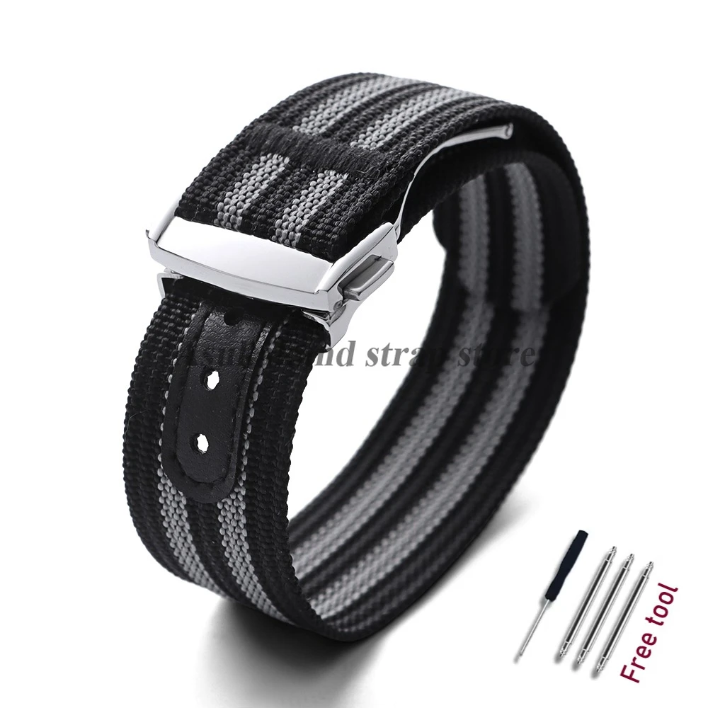 Black Nylon Watch Band with Folding Buckle – 20mm Military Sports Fabric Strap