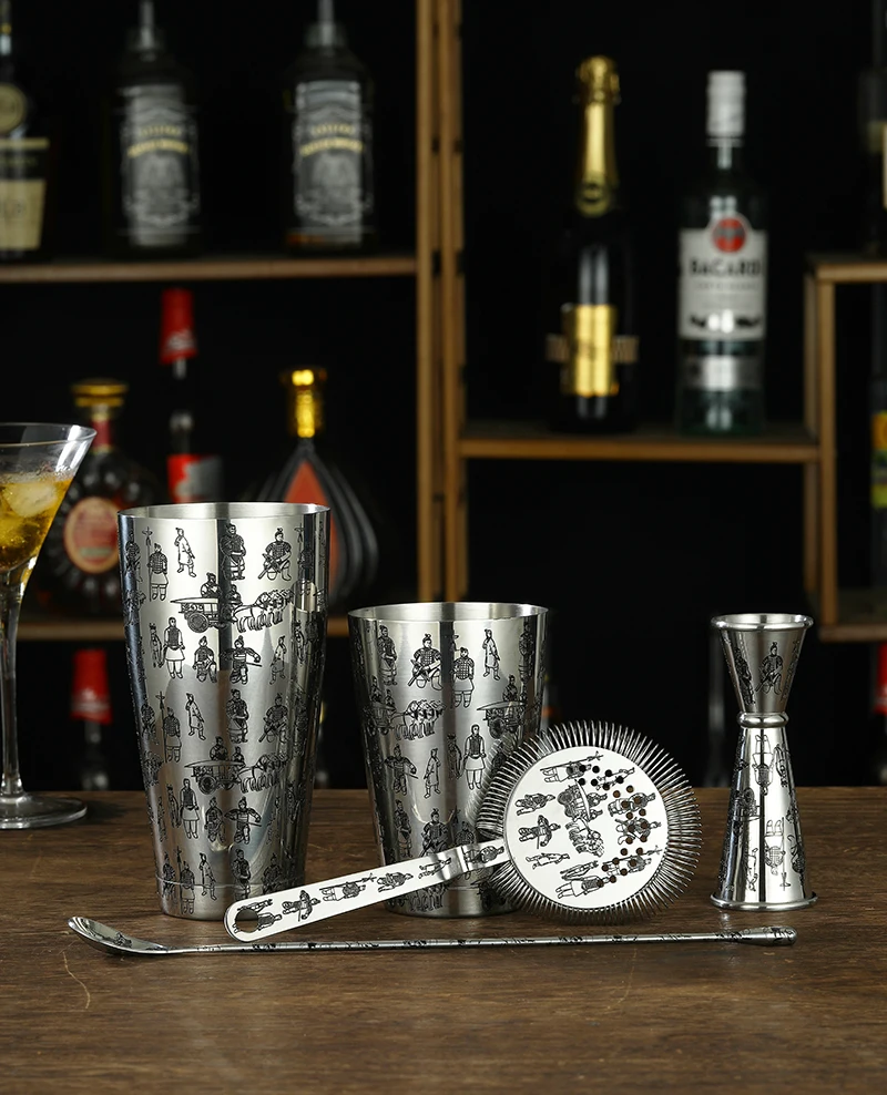 Tattoo Stainless Steel 5 Piece Cocktail Set Tin-on-Tin Shaker, Jigger, Spoon and Strainer Etched W/ Skull Rose /Terra cotta Army