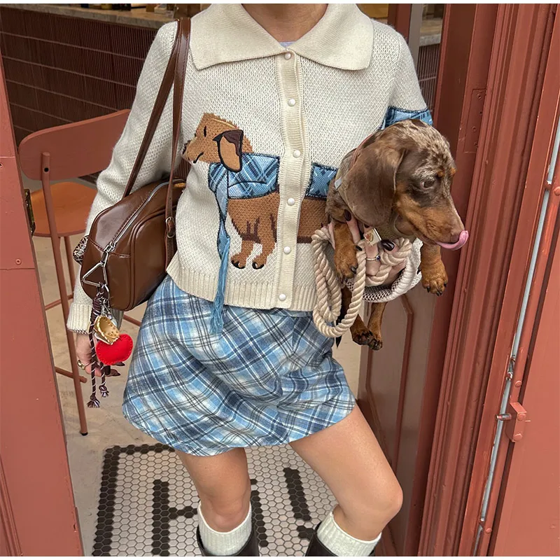 Casual Knitted Printed Dog Cardigan Women Vintage Cute Lapel Single Breasted Short Sweaters Female Autumn Chic Street Knitwear