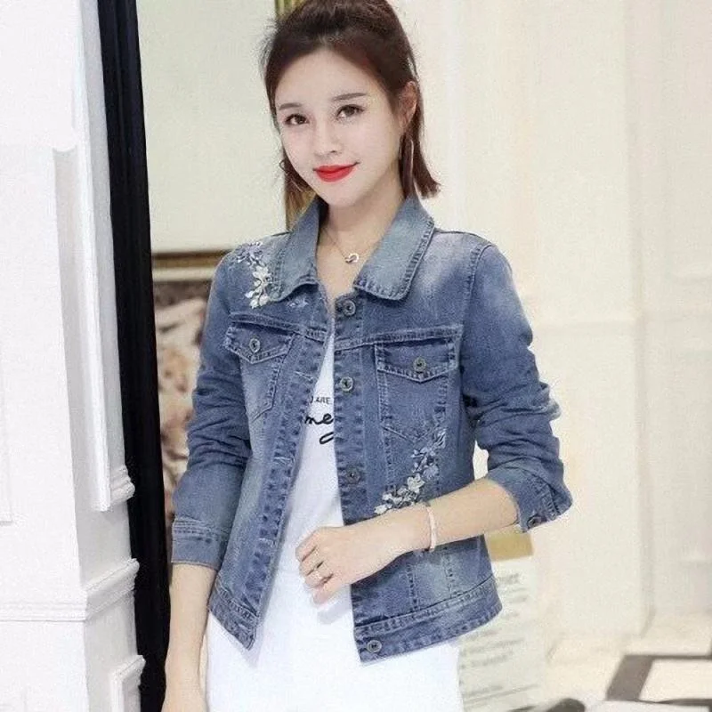 

Women Embroidered Temperamen Denim Jacket Women' Short Spring Autumn Long Sleeve Coat Female Korean Slim Stretch Denim Joker Top