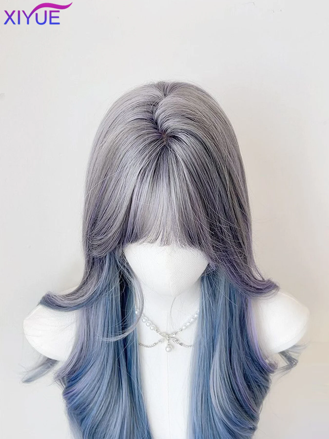 XIYUE Blue Gradient Black Color Synthetic Wigs With Bang Long Natural Straight Hair Wig For Women Cosplay Heat Resistant