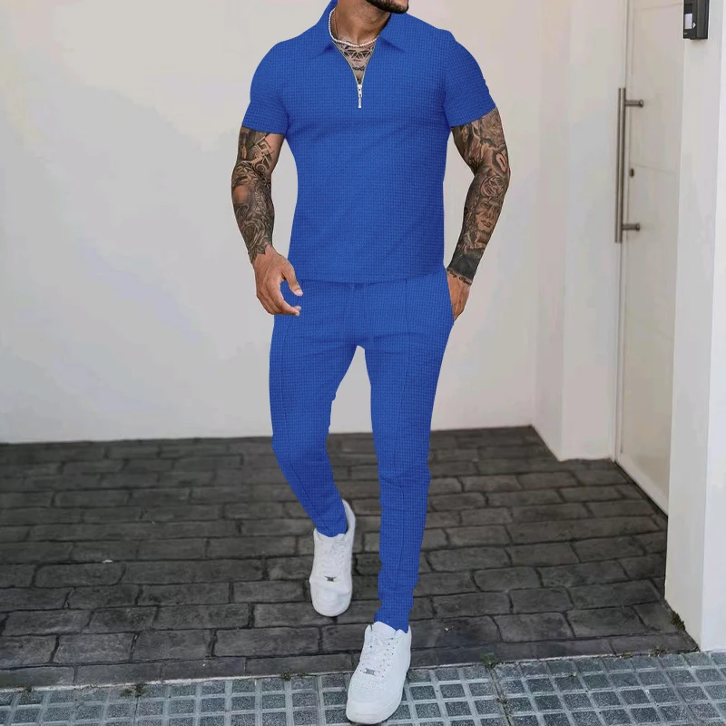 Summer New Men's Casual Set Solid V-neck Slim Fit Short Sleeve Long Pants Outdoor Fitness Sports Breathable Two Piece Set sale 2 two piece set women ribbed v neck crop top long pants set sexy summer short sleeve streewear women conjunto feminino d30