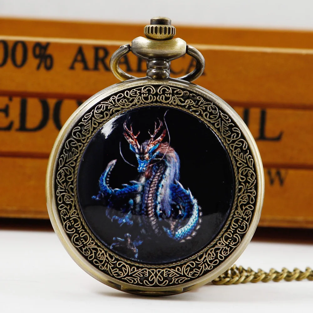 

Vintage Dragon Design Quartz Necklace Pocket Watch Souvenir Male Personality Fashion Pendant Clock Unique Gifts PB663