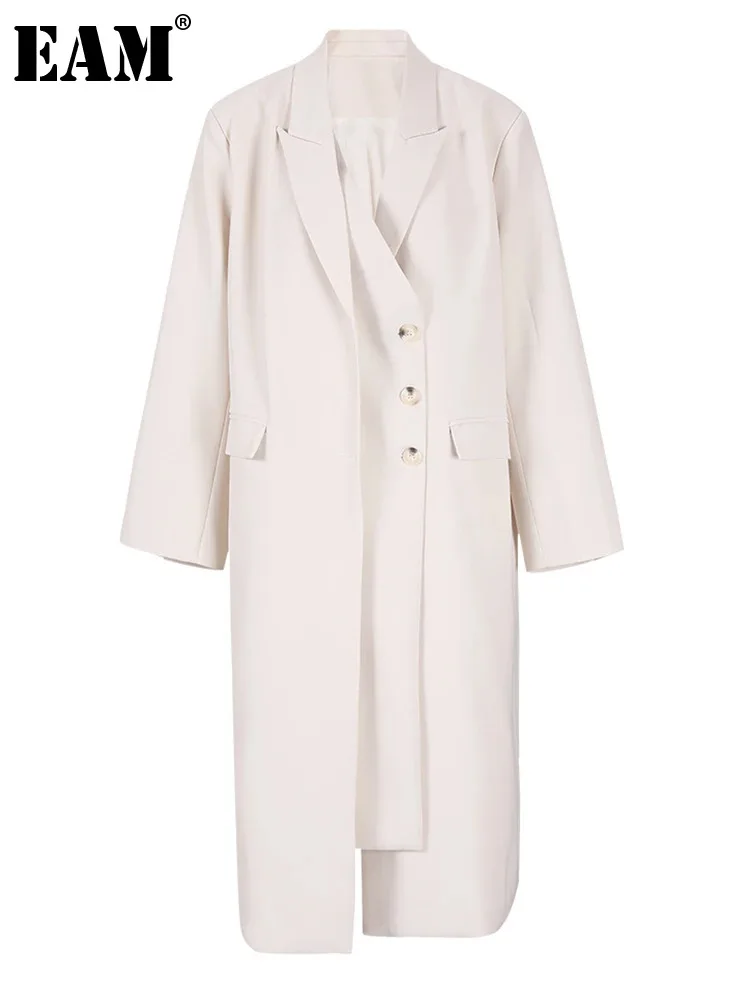 

[EAM] Women Beige Double Layers Big Size Trench New Lapel Long Sleeve Loose Fit Windbreaker Fashion Spring Autumn 2024 1DH0754