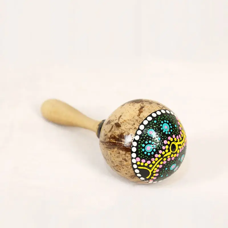 Wooden Sand Hammer Maracas Coconut Shell Shaker with Beautiful Patterns Educational Percussion Musical Instrument for Kids